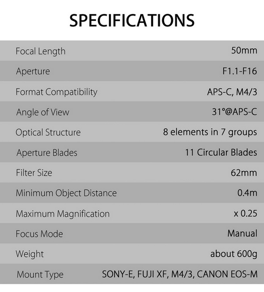 Kamlan 50mm F1.1 MK2 Prime Lens